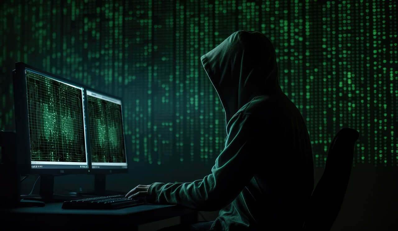 Minaccia di sicurezza: Hacker al computer, simbolo del rischio legato all'ostentazione della ricchezza