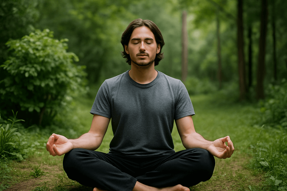 7. Persona che medita in mezzo al bosco rappresentando quanto sia importante l'evoluzione personale oltre che professionale. Equilibrio