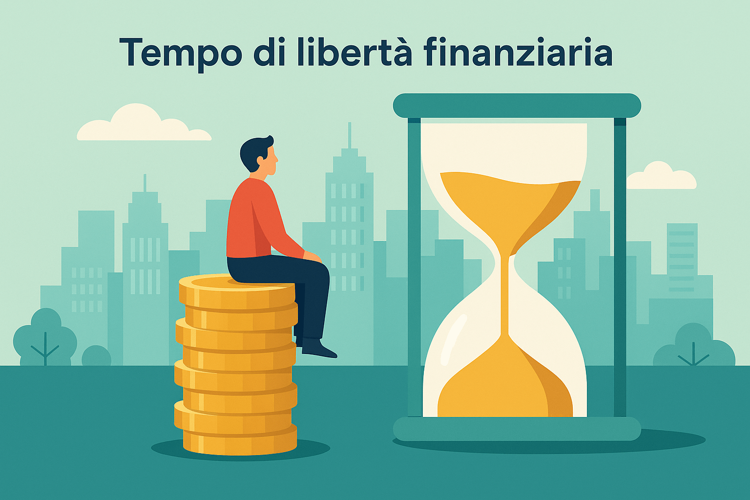 Persona seduta su una pila di monete d’oro che guarda un grande timer a clessidra con paesaggio urbano dietro, concetto di ‘tempo di libertà finanziaria
