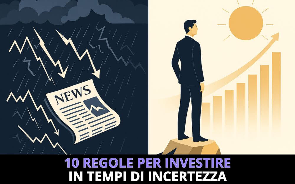Copertina - investire in tempi di incertezza - Illustrazione divisa in due parti: a sinistra tempesta, giornale e frecce al ribasso che simboleggiano il panico dei media; a destra un uomo elegante guarda fiducioso un grafico in crescita sotto il sole. Messaggio visivo sulle regole per investire con lucidità nei periodi di incertezza.