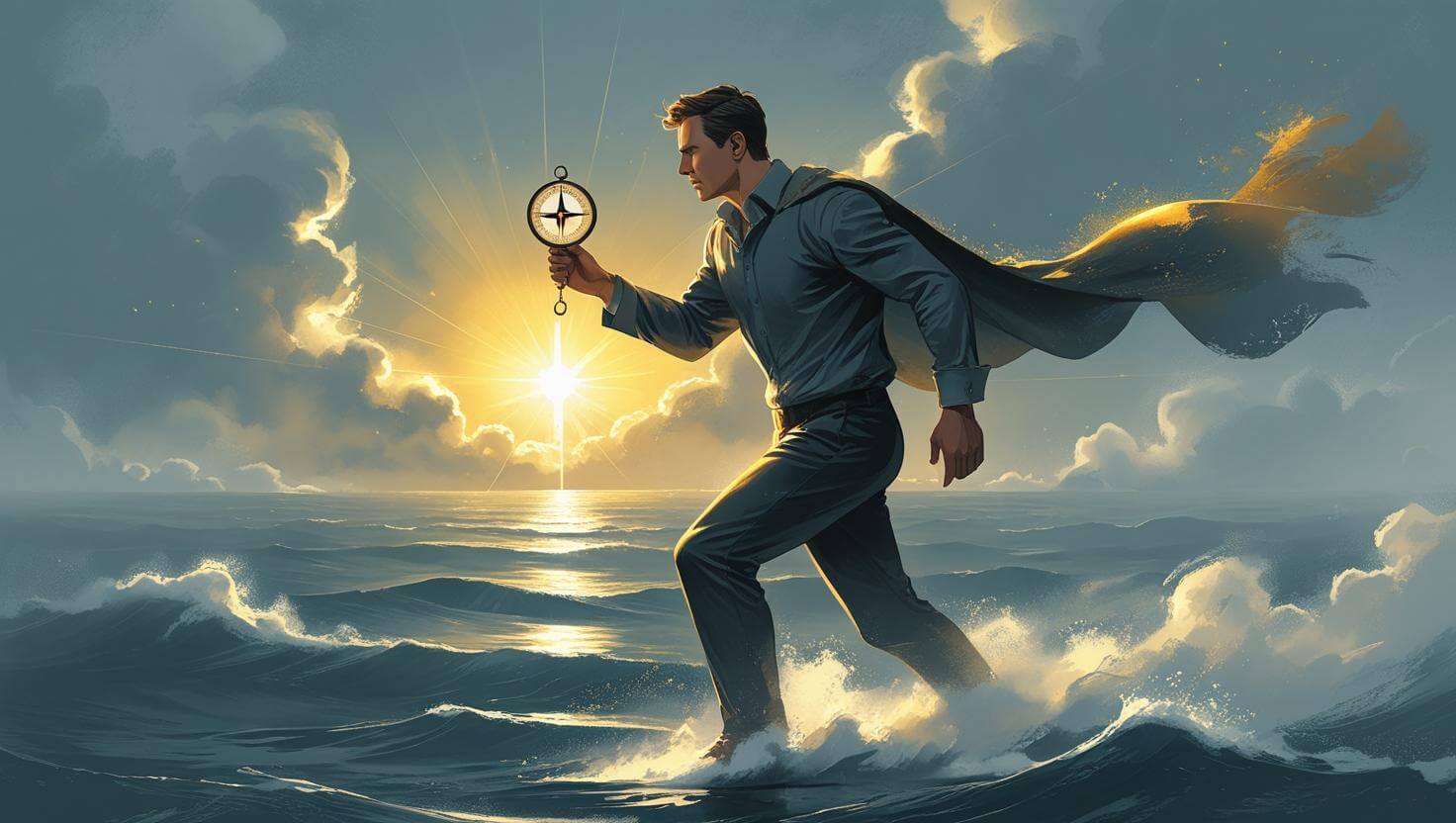 Concept art di un imprenditore determinato che cammina sull’oceano con una bussola in mano, avvolto da un mantello dorato, diretto verso una luce all’orizzonte. Metafora visiva della mentalità antifragile e della chiarezza nel caos finanziario.