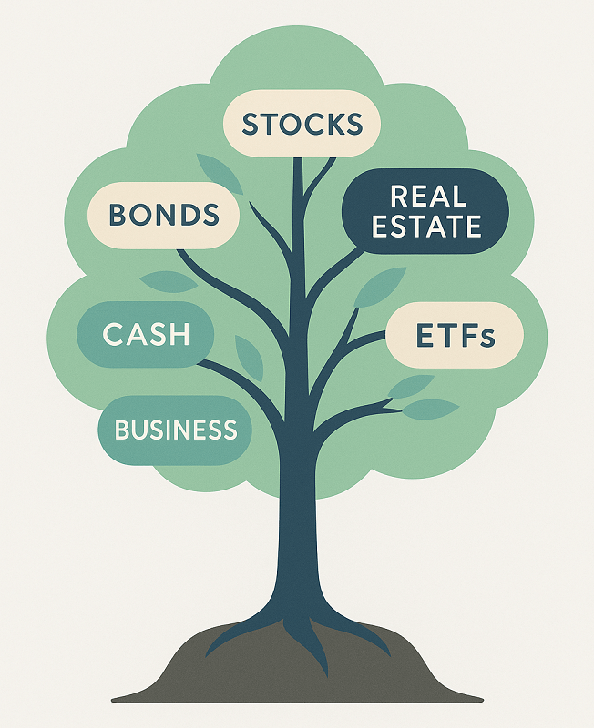 Grafico ad albero stilizzato con le principali categorie di investimento scritte tra i rami: Stocks, Bonds, Real Estate, ETFs, Business e Cash. Rappresentazione metaforica del principio di diversificazione finanziaria.