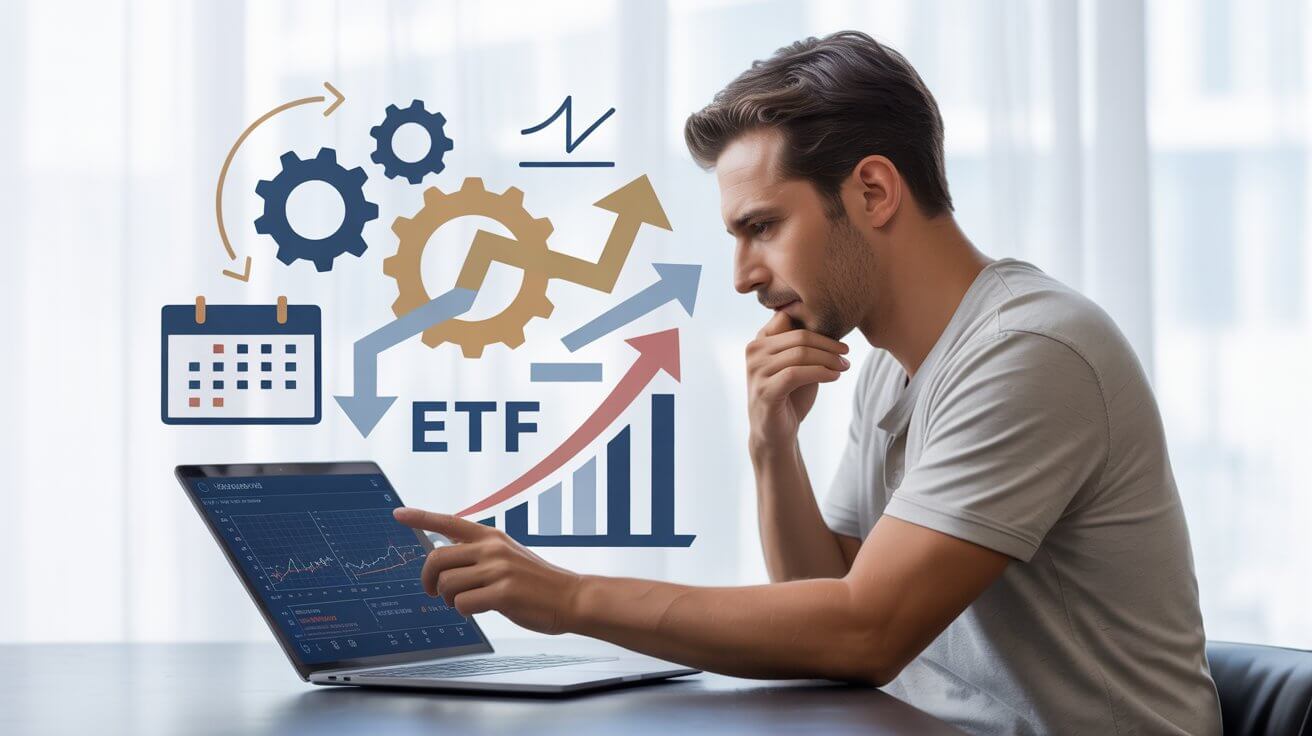 Giovane investitore analizza grafici finanziari sul laptop con simboli visivi di ETF, calendario, ingranaggi e frecce. Rappresentazione del concetto di investimento automatizzato e pianificato.