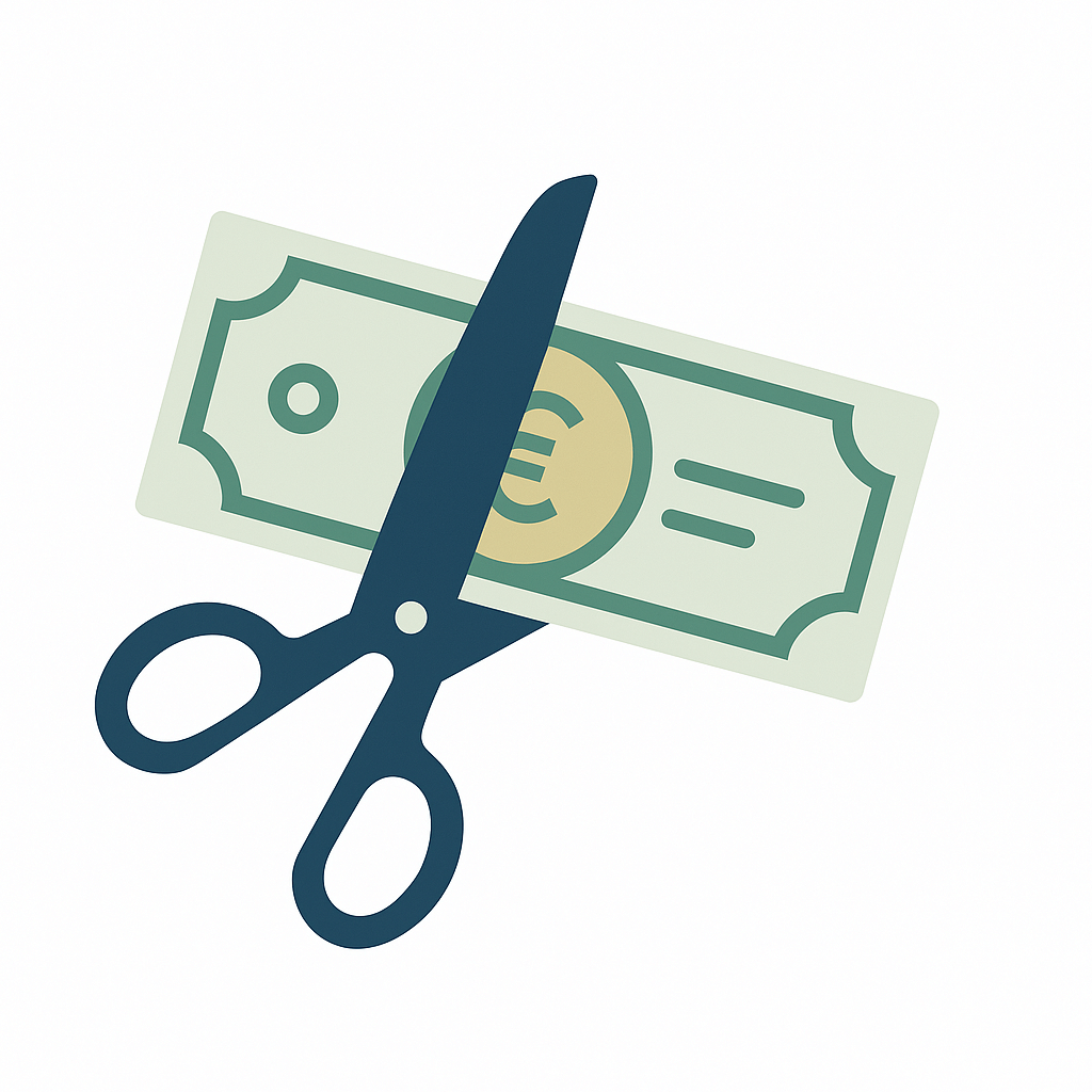 Forbice che taglia una banconota stilizzata simboleggiando il taglio dei costi inutili budget