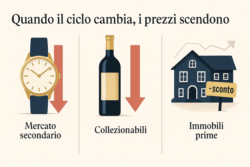Infografica con orologio, vino da collezione e villa: prezzi del lusso in discesa