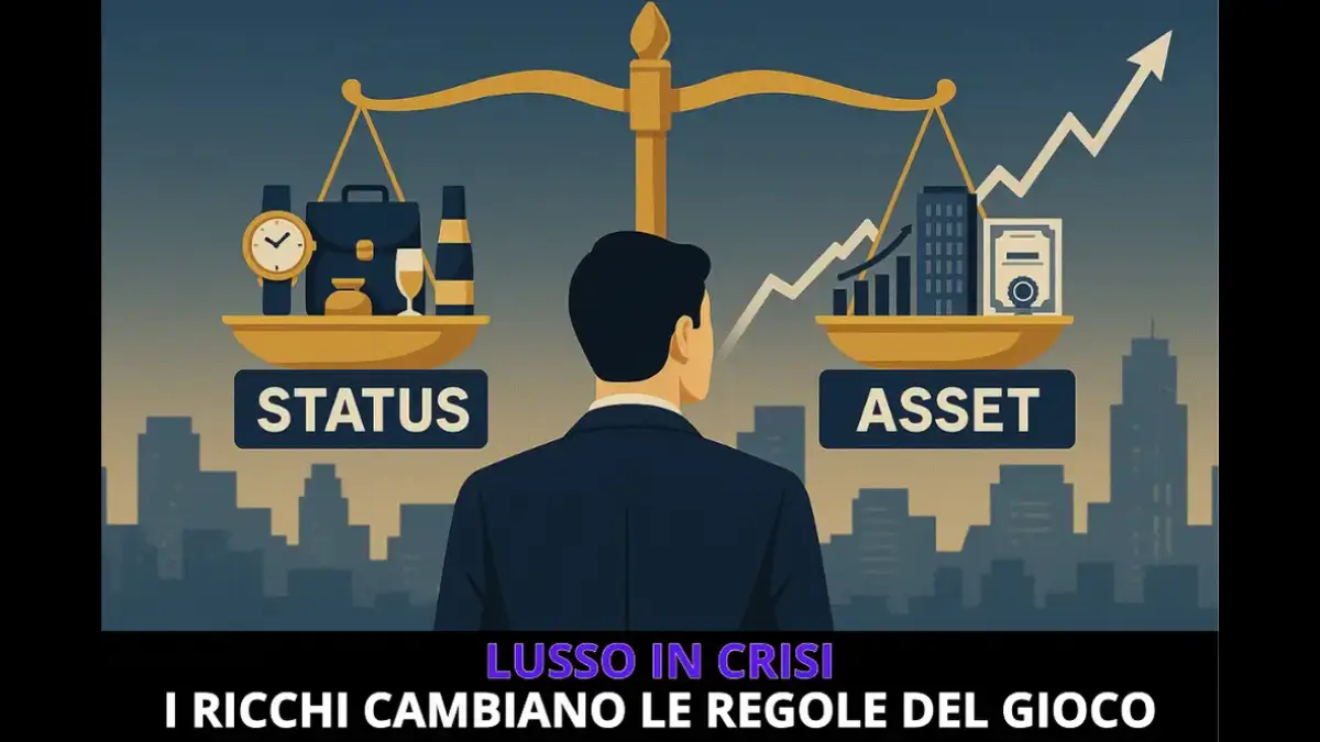 crisi del lusso - Uomo di spalle osserva una bilancia: status symbol in calo e asset in crescita.