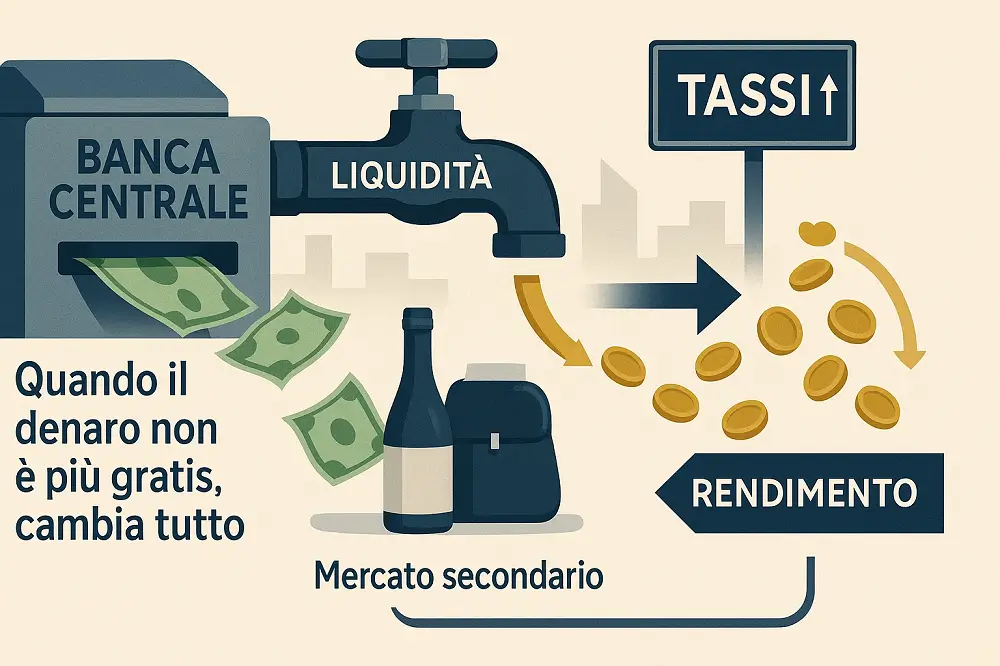 Illustrazione: stampante della banca centrale, rubinetto liquidità che si chiude e tassi in aumento.