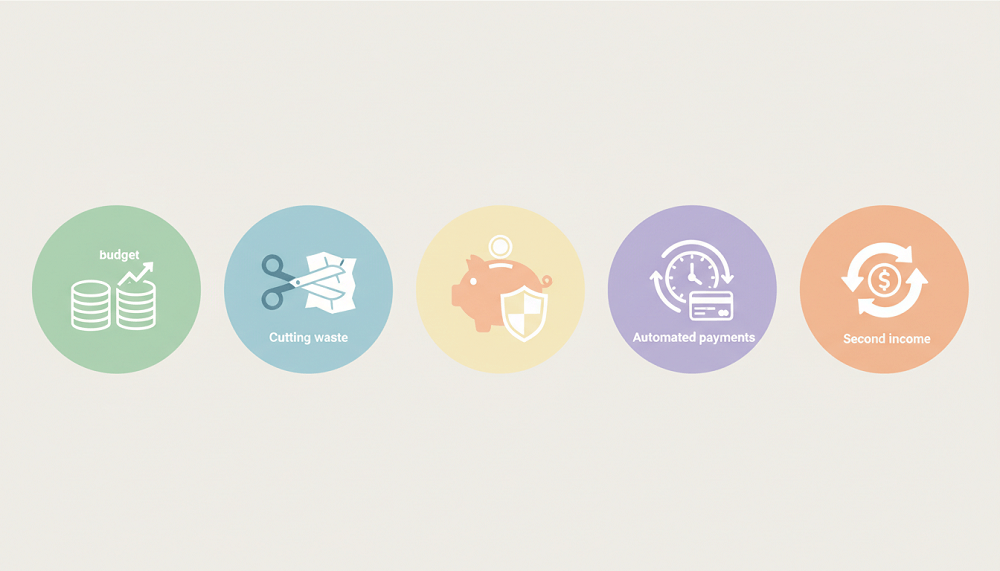 schema dei cinque passi per migliorare le finanze personali: budget, taglio sprechi, fondo emergenza, automatizzazione e seconda entrata