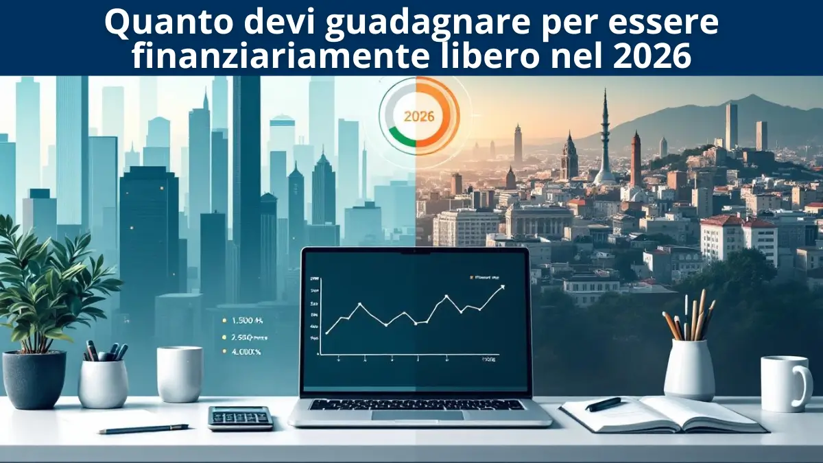 Quanto devi guadagnare per essere finanziariamente libero nel 2026 Un computer portatile che visualizza grafici finanziari si trova su una scrivania con lo skyline di una città, evidenziando la libertà finanziaria nel 2026.