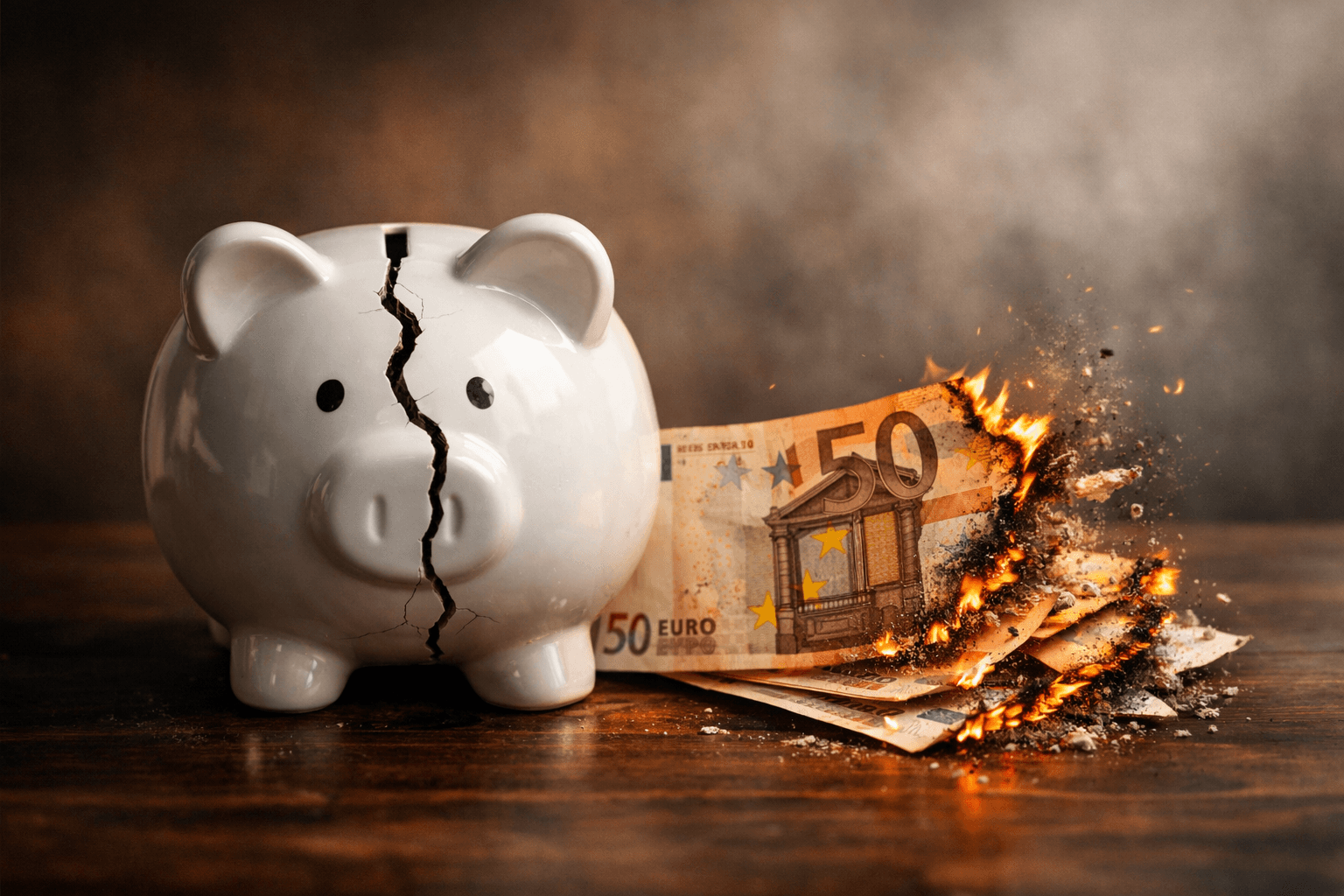 i soldi in banca non sono tuoi, maialino dei risparmi rotto e soldi bruciati