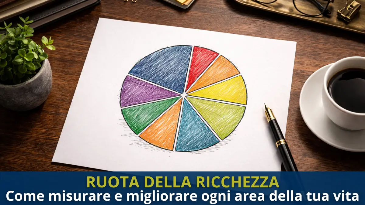 Quanto devi guadagnare per essere finanziariamente libero nel 2026 Ruota della ricchezza disegnata su foglio con 8 aree della vita da valutare