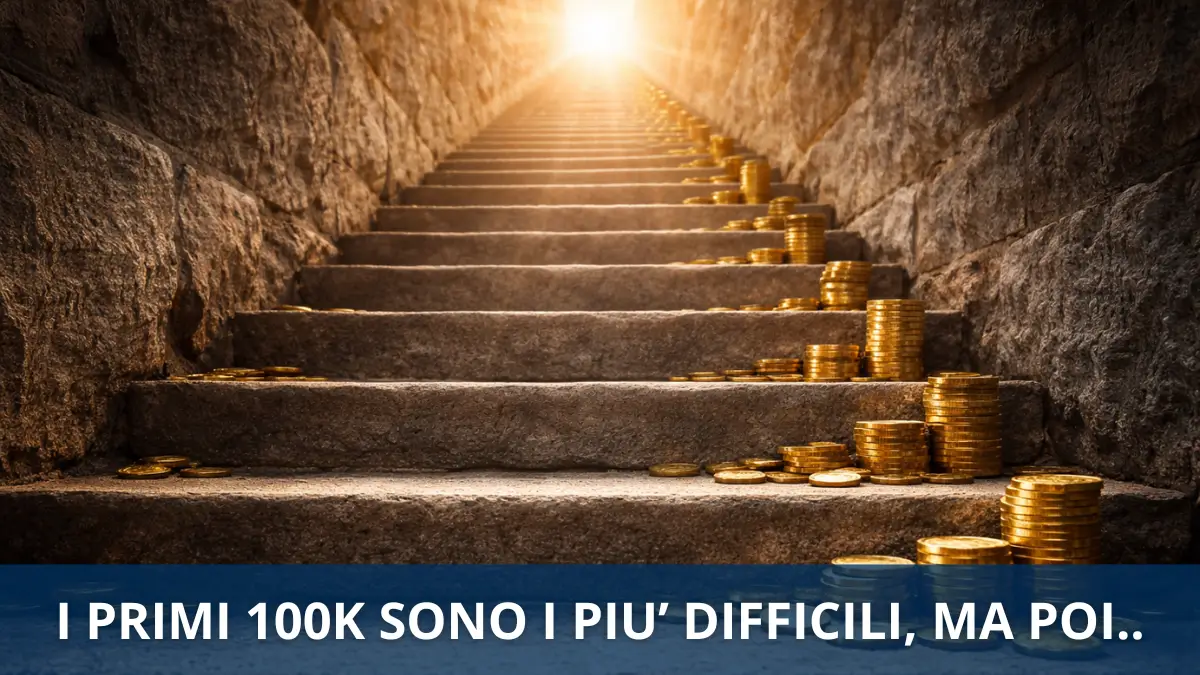 Scalinata con monete d'oro che crescono verso la luce - i primi 100.000 euro sono i più difficili