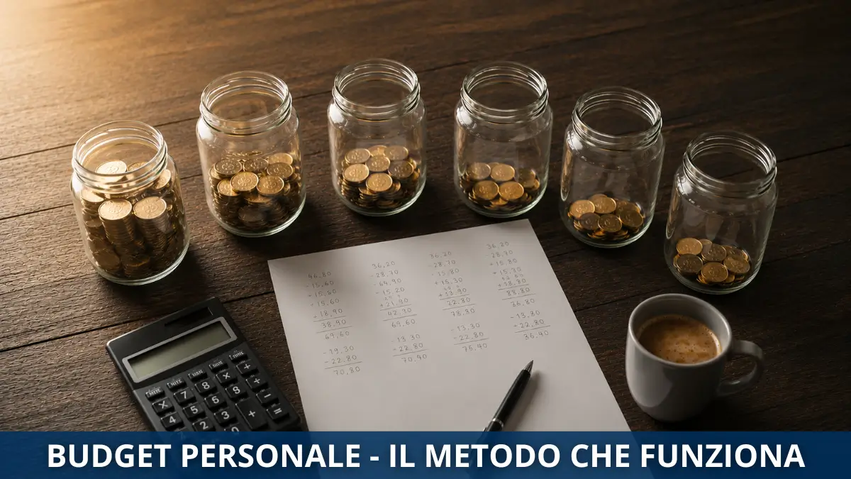Budget personale con il sistema dei 6 barattoli con monete e foglio di calcolo